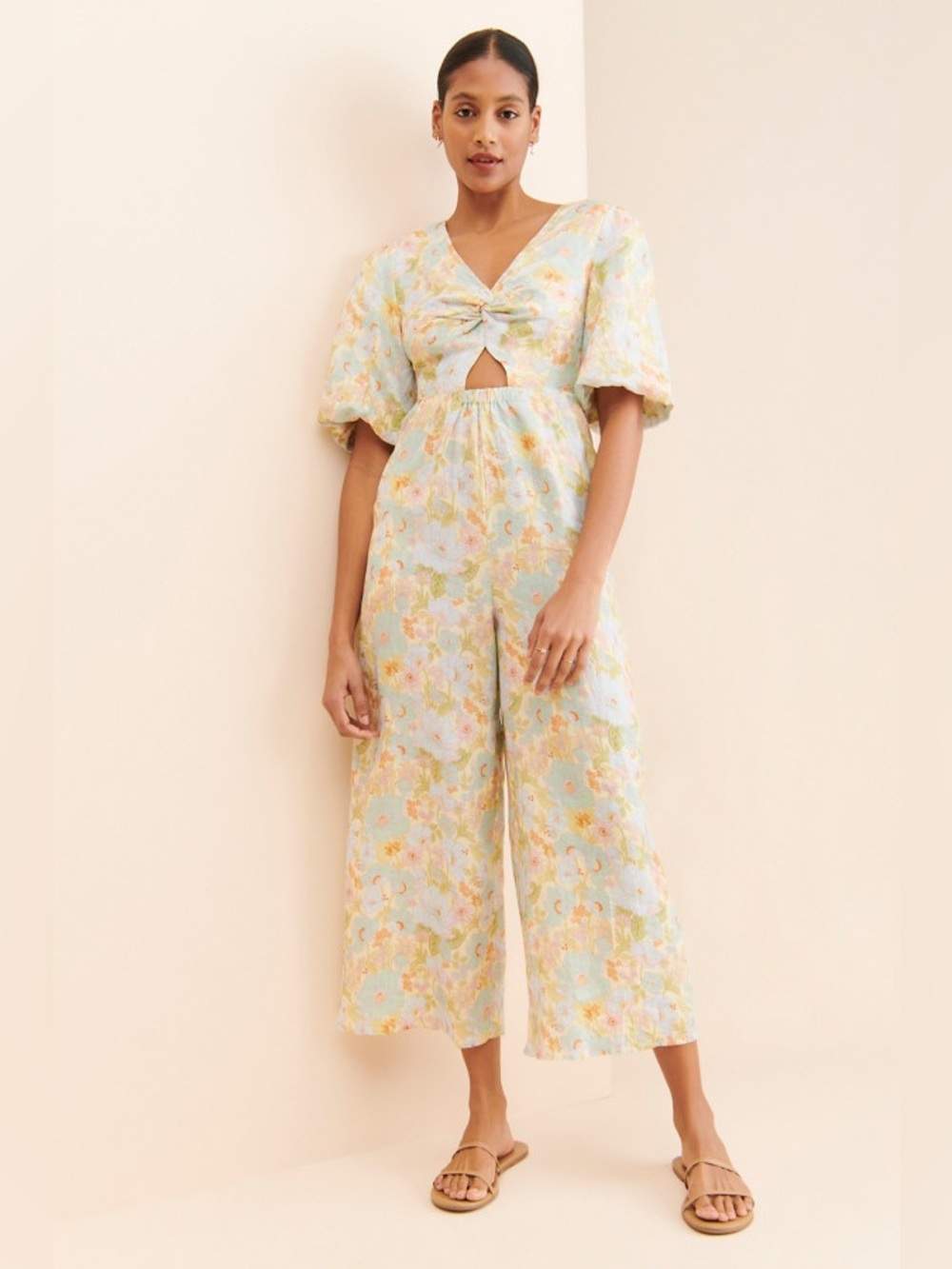 NEW Sancia Aida Linen Floral Wide Leg Twisted Front Cutout Jumpsuit
